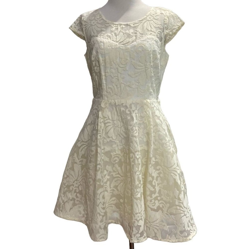 Forever 21 Womens Fit & Flare Dress Ivory Off White Mini Cap Sleeve Lace M New